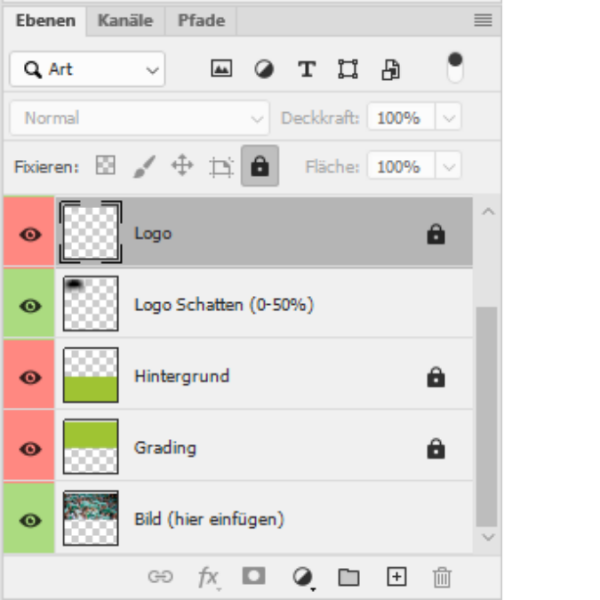 Eine Abbildung der Ebenen aus der Photoshop Datei der Templates mit Farberkennung für diverse Ebenen