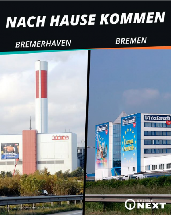 Eine Beispielabbildung für einen Post von Bremen NEXT mit Typografie und einer Gegenüberstellung von zwei Bildern
