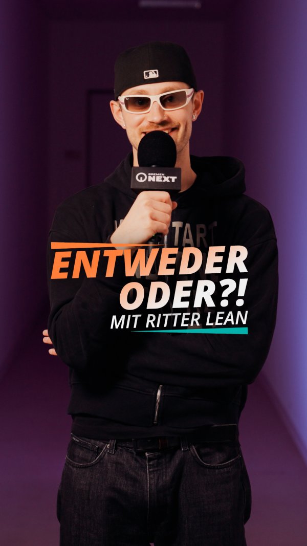 Eine Beispielabbildung für ein Reel von Bremen NEXT mit bunter Typografie auf einem Bild von einem Mann